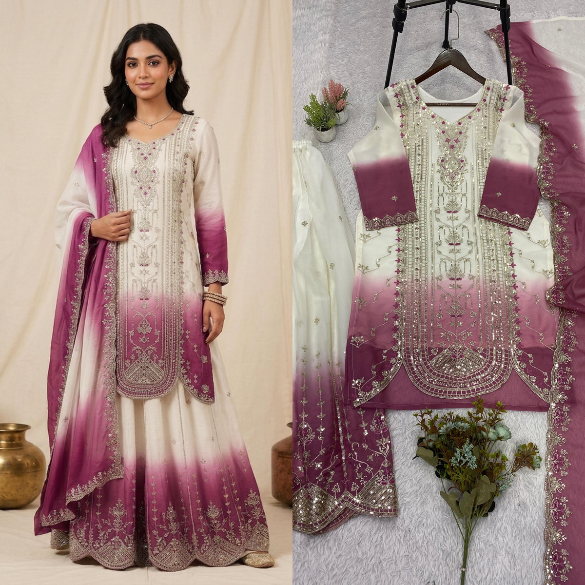 THIS WEDDING SEASON WEAR OUR BEAUTIFUL SEQUENCE EMBROIDERED TOP , PLAZZO WITH DUPATTA WHOLESALE GEELAN FASHION SURAT