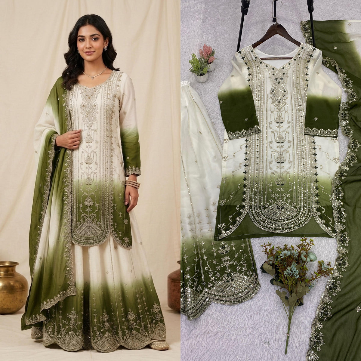 THIS WEDDING SEASON WEAR OUR BEAUTIFUL SEQUENCE EMBROIDERED TOP , PLAZZO WITH DUPATTA WHOLESALE GEELAN FASHION SURAT