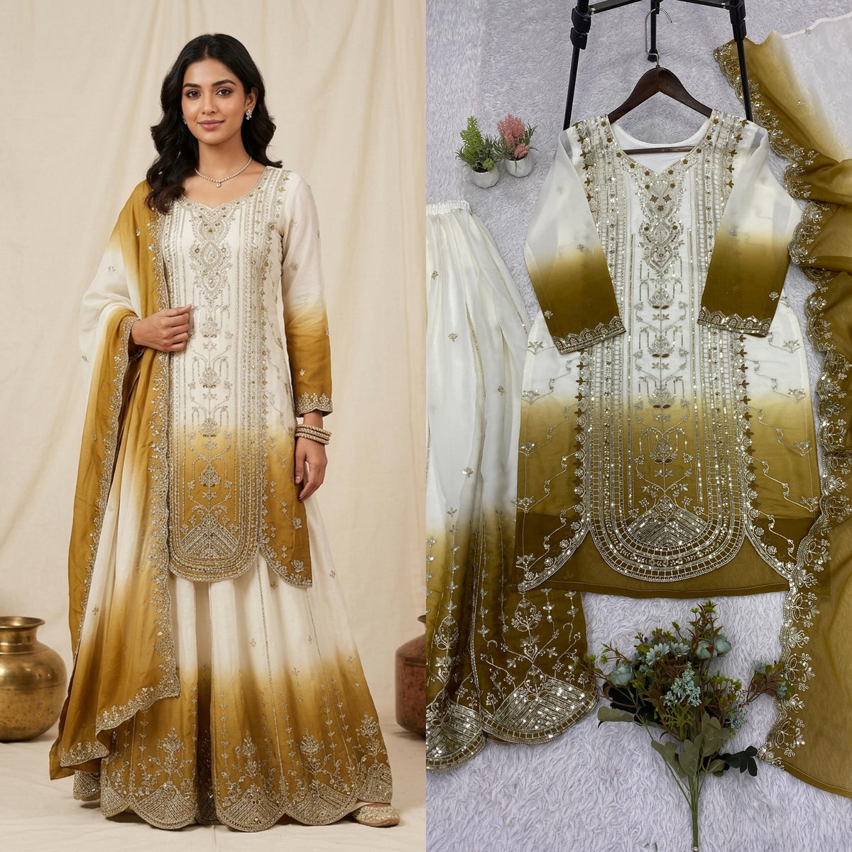 THIS WEDDING SEASON WEAR OUR BEAUTIFUL SEQUENCE EMBROIDERED TOP , PLAZZO WITH DUPATTA WHOLESALE GEELAN FASHION SURAT