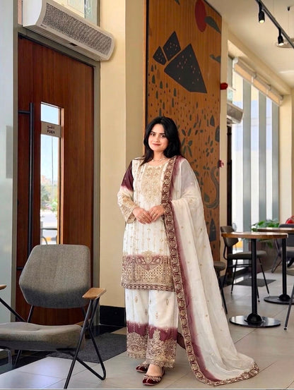 ĐĚSIGNER PARTY WEAR LOOK PUR HEAVY DUAL TONE PEDING STAR GEORGETTE TOP PLAZZO & DUPATTA SET WHOLESALE GEELAN FASHION SURAT