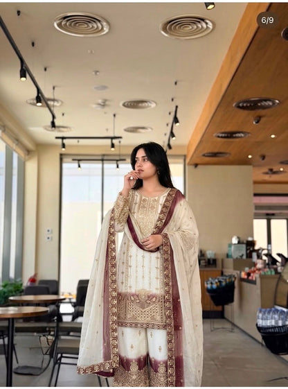 ĐĚSIGNER PARTY WEAR LOOK PUR HEAVY DUAL TONE PEDING STAR GEORGETTE TOP PLAZZO & DUPATTA SET WHOLESALE GEELAN FASHION SURAT