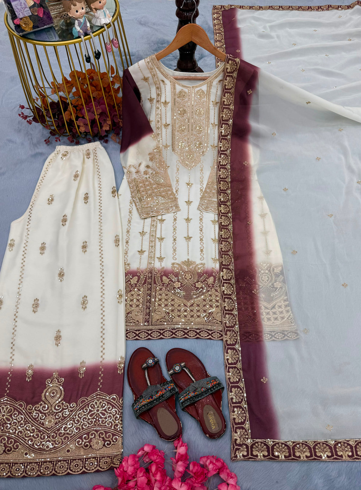 ĐĚSIGNER PARTY WEAR LOOK PUR HEAVY DUAL TONE PEDING STAR GEORGETTE TOP PLAZZO & DUPATTA SET WHOLESALE GEELAN FASHION SURAT