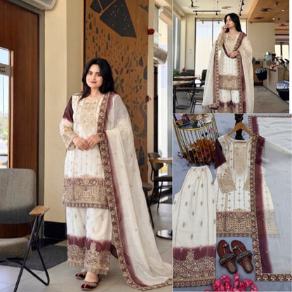 ĐĚSIGNER PARTY WEAR LOOK PUR HEAVY DUAL TONE PEDING STAR GEORGETTE TOP PLAZZO & DUPATTA SET WHOLESALE GEELAN FASHION SURAT