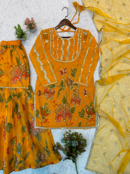 THIS WEDDING SEASON WEAR OUR BEAUTIFUL SEQUENCE EMBROIDERED WORKED TOP , SARARA WITH DUPATTA WHOLESALE GEELAN FASHION SURAT