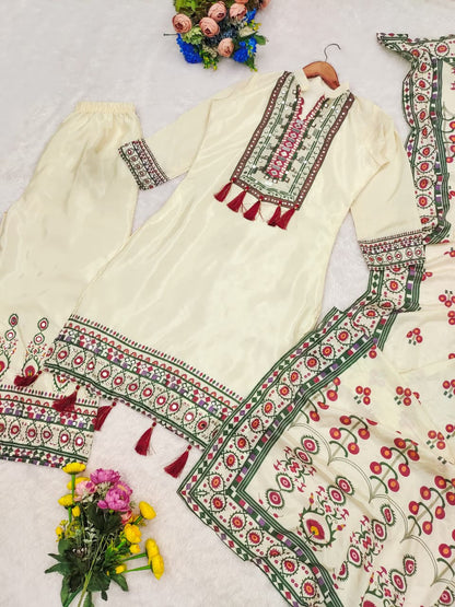 BRING ELEGANCE & SHINE TO YOUR FESTIVE LOOK WITH THIS *PREMIUM CHINNON SILK 3-PIECE SET* WHOLESALE GEELAN FASHION SURAT