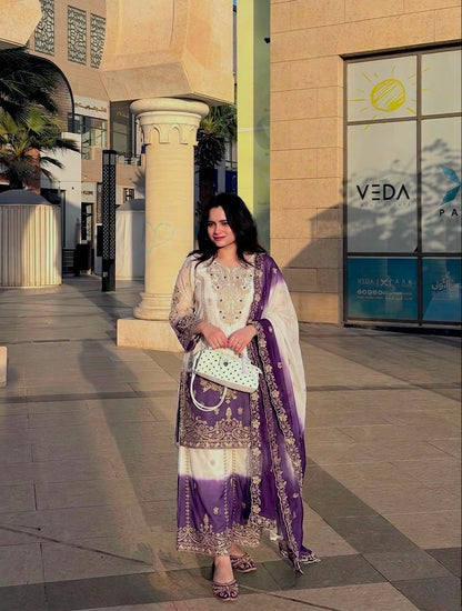 ĐĚSIGNER PARTY WEAR LOOK PUR HEAVY DUAL TONE PEDING STAR GEORGETTE TOP PLAZZO & DUPATTA SET WHOLESALE GEELAN FASHION SURAT