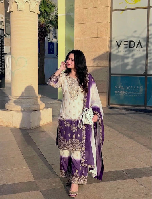 ĐĚSIGNER PARTY WEAR LOOK PUR HEAVY DUAL TONE PEDING STAR GEORGETTE TOP PLAZZO & DUPATTA SET WHOLESALE GEELAN FASHION SURAT