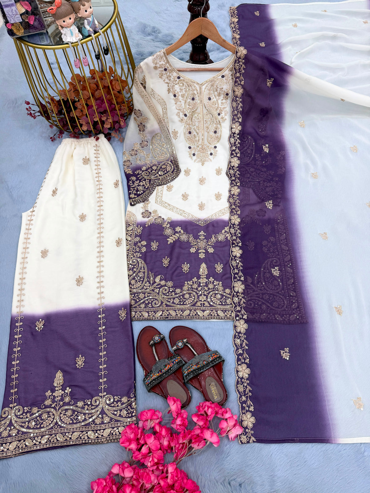 ĐĚSIGNER PARTY WEAR LOOK PUR HEAVY DUAL TONE PEDING STAR GEORGETTE TOP PLAZZO & DUPATTA SET WHOLESALE GEELAN FASHION SURAT