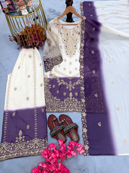 ĐĚSIGNER PARTY WEAR LOOK PUR HEAVY DUAL TONE PEDING STAR GEORGETTE TOP PLAZZO & DUPATTA SET WHOLESALE GEELAN FASHION SURAT