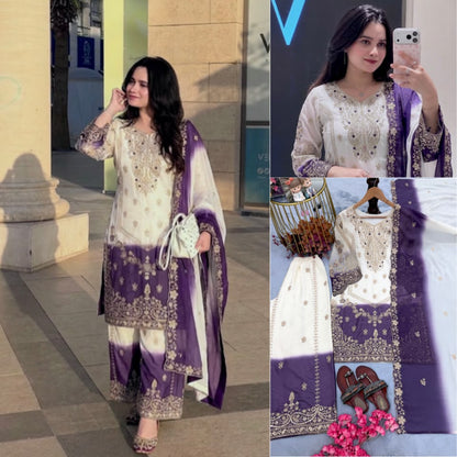 ĐĚSIGNER PARTY WEAR LOOK PUR HEAVY DUAL TONE PEDING STAR GEORGETTE TOP PLAZZO & DUPATTA SET WHOLESALE GEELAN FASHION SURAT
