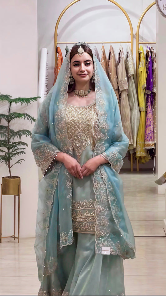 NEW DESIGNER PARTY WEAR LOOK TOP-PLAZZO AND DUPATTA WITH HEAVY EMBROIDERY WORK WHOLESALE GEELAN FASHION SURAT
