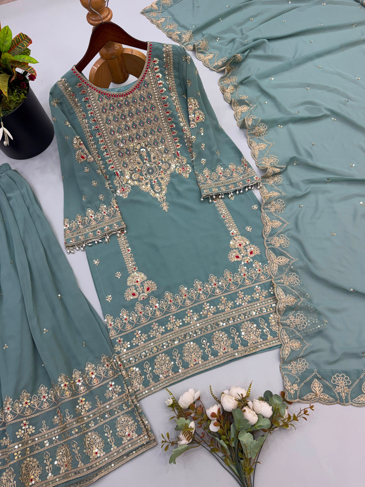 NEW DESIGNER PARTY WEAR LOOK TOP-PLAZZO AND DUPATTA WITH HEAVY EMBROIDERY WORK WHOLESALE GEELAN FASHION SURAT