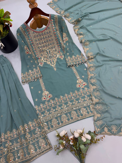 NEW DESIGNER PARTY WEAR LOOK TOP-PLAZZO AND DUPATTA WITH HEAVY EMBROIDERY WORK WHOLESALE GEELAN FASHION SURAT