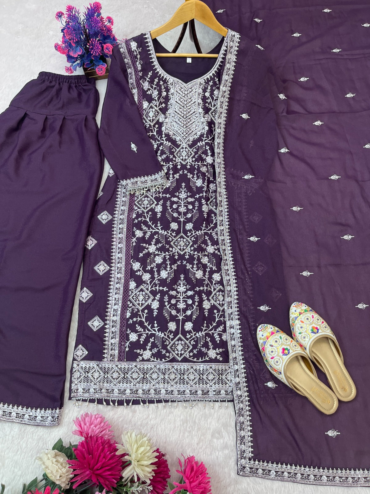 DESIGN WEAR SEQUENCE EMBROIDERY TOP AND FARSI PLAZZO WITH DUPATTA WHOLESALE GEELAN FASHION SURAT