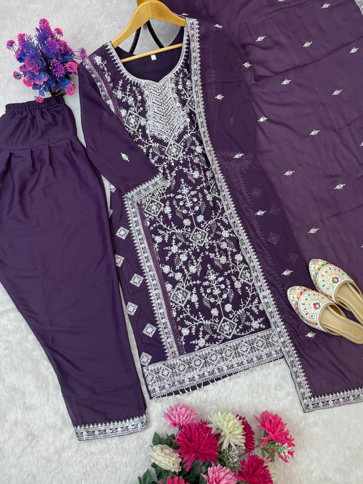 DESIGN WEAR SEQUENCE EMBROIDERY TOP AND FARSI PLAZZO WITH DUPATTA WHOLESALE GEELAN FASHION SURAT