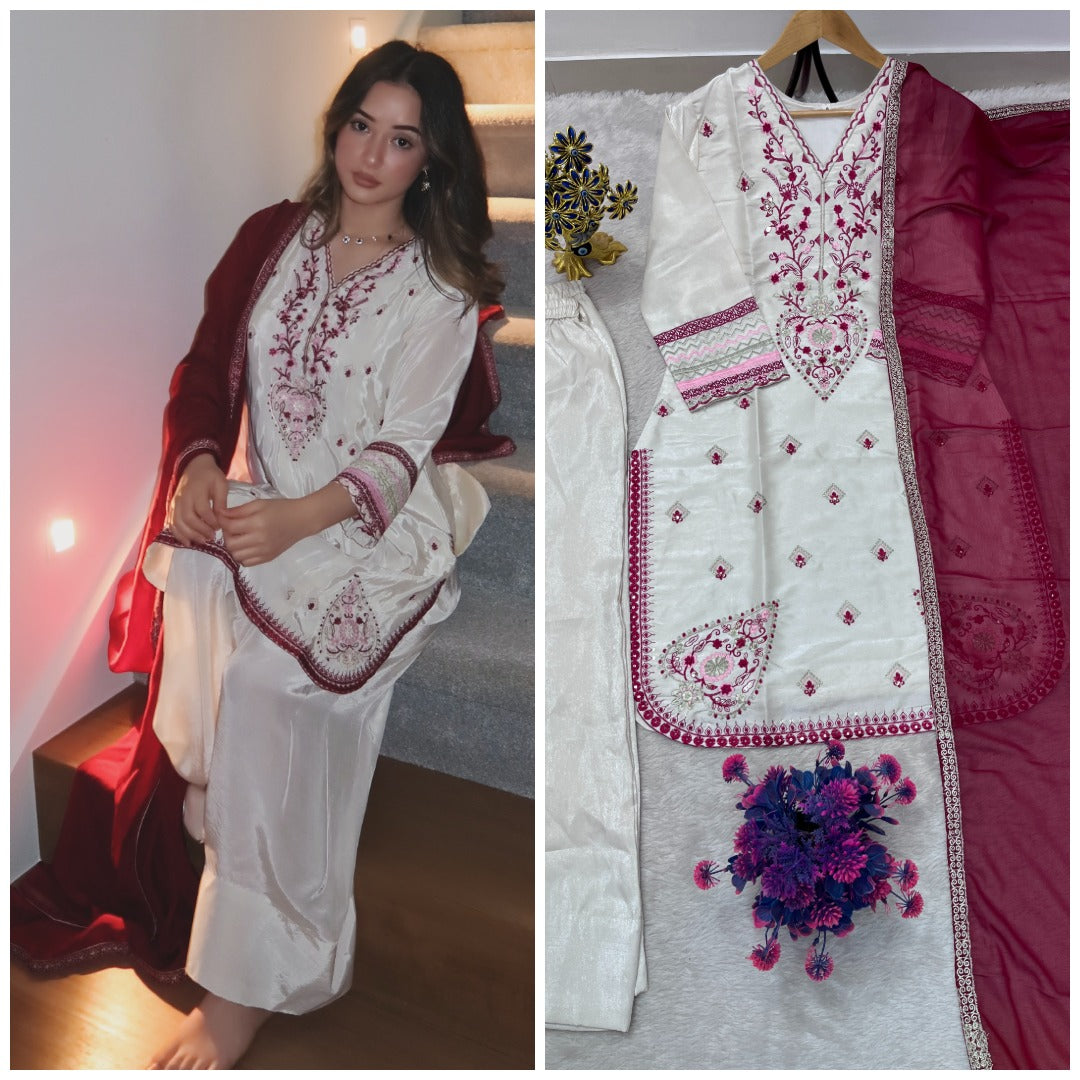 NEW LUNCH FESTIVAL SPECIAL DESIGNER HEAVY EMBROIDERY SEQUENCE WORK TOP PENT WITH DUPATTA SET WHOLESALE GEELAN FASHION SURAT