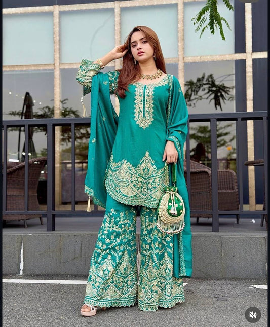 NEW DESIGN TRENDING CINON SILK TOP&PENT PALAZZO&DUPATTA REDDY TO WEAR LOOK DESIGNS WHOLESALE GEELAN FASHION SURAT