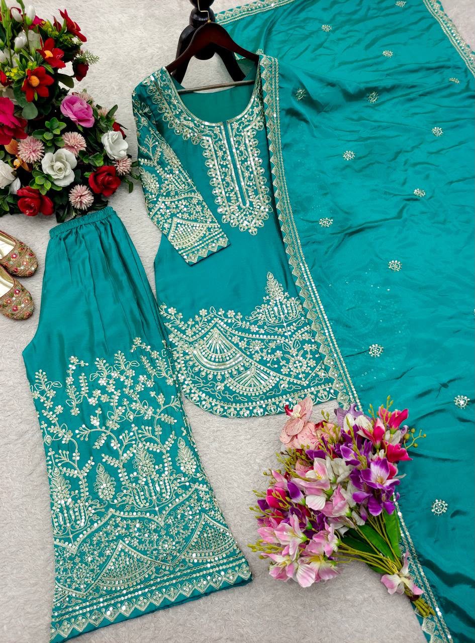 NEW DESIGN TRENDING CINON SILK TOP&PENT PALAZZO&DUPATTA REDDY TO WEAR LOOK DESIGNS WHOLESALE GEELAN FASHION SURAT