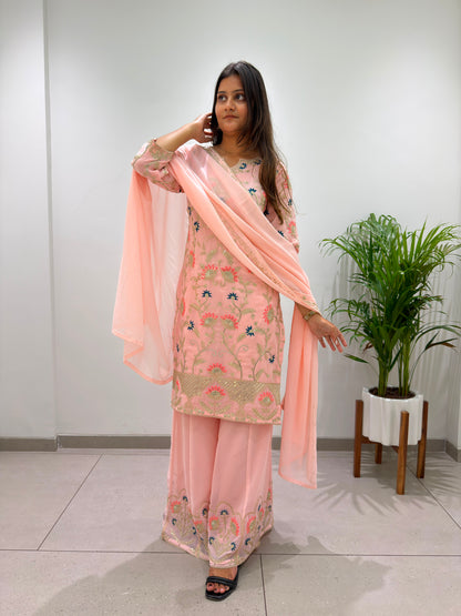 THIS SEASON, TRY OUR DESIGNER CORDING WITH SEQUENCE EMBROIDERED WORKED TOP PLAZZO WITH DUPATTA WHOLESALE GEELAN FASHION SURAT