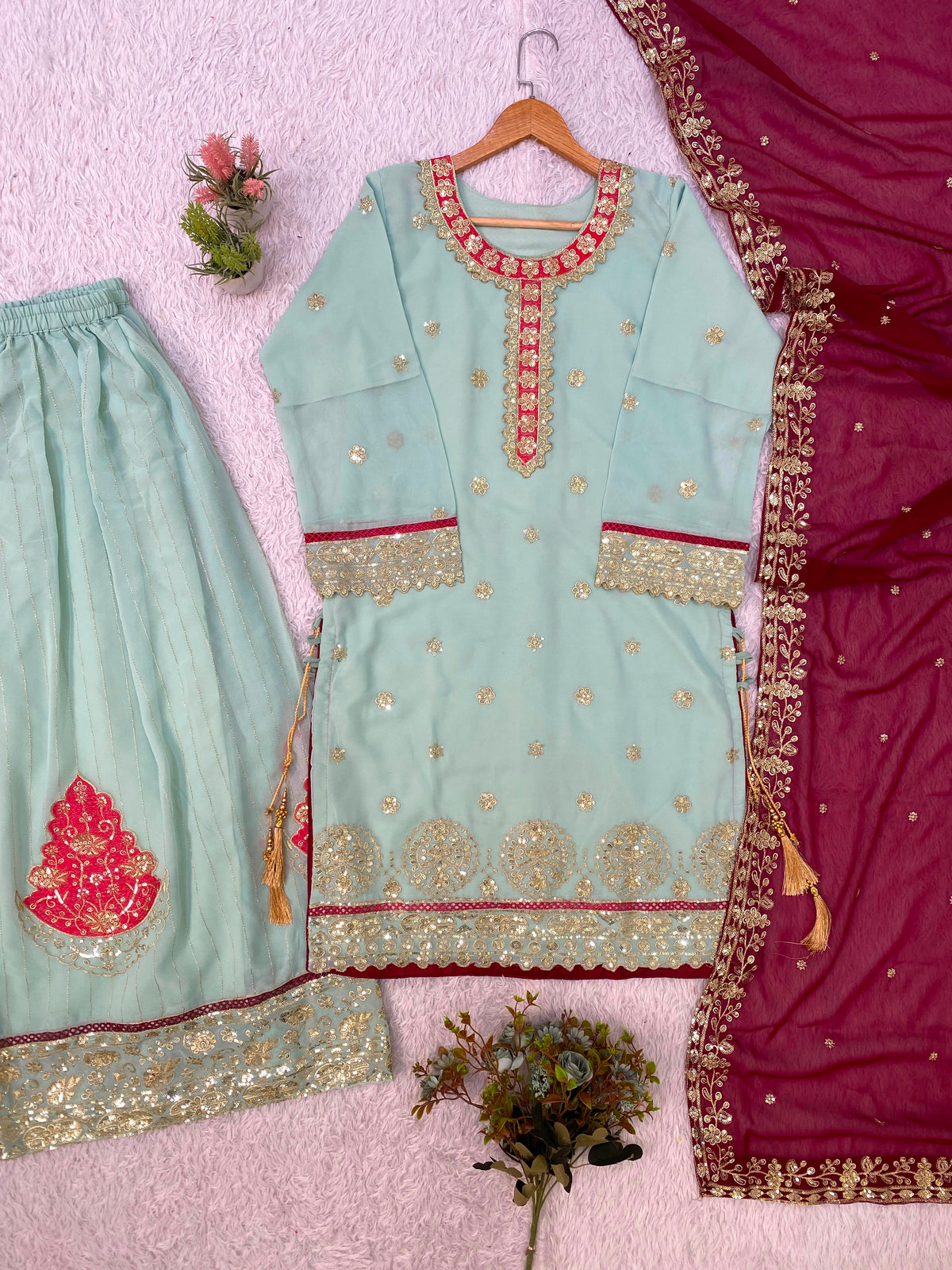 THIS FESTIVAL SEASON WEAR OUR BEAUTIFUL TOP ,PLAZZO AND DUPATTA  WITH SEQUENCE EMBROIDERED WORKED WHOLESALE GEELAN FASHION SURAT