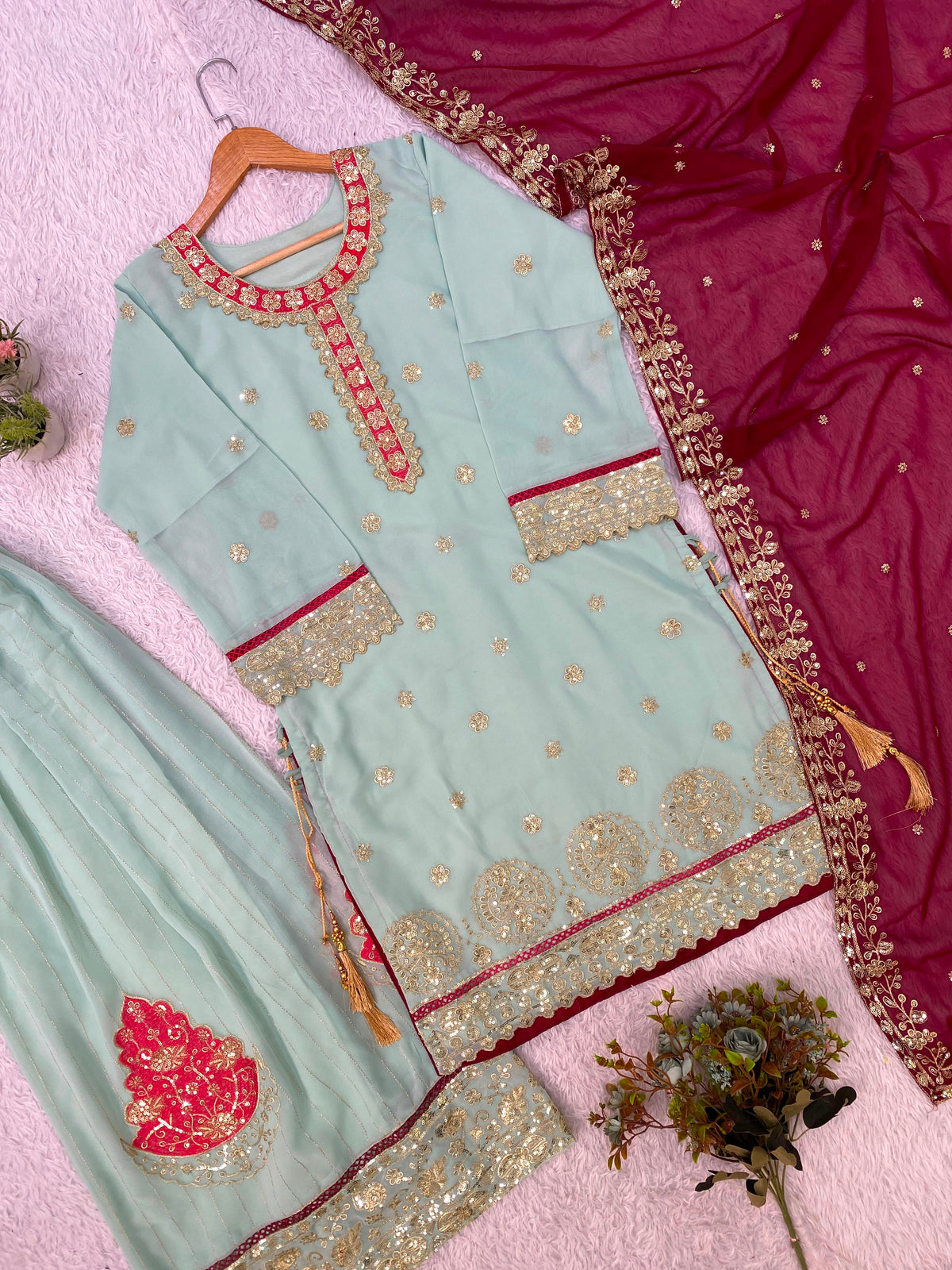 THIS FESTIVAL SEASON WEAR OUR BEAUTIFUL TOP ,PLAZZO AND DUPATTA  WITH SEQUENCE EMBROIDERED WORKED WHOLESALE GEELAN FASHION SURAT