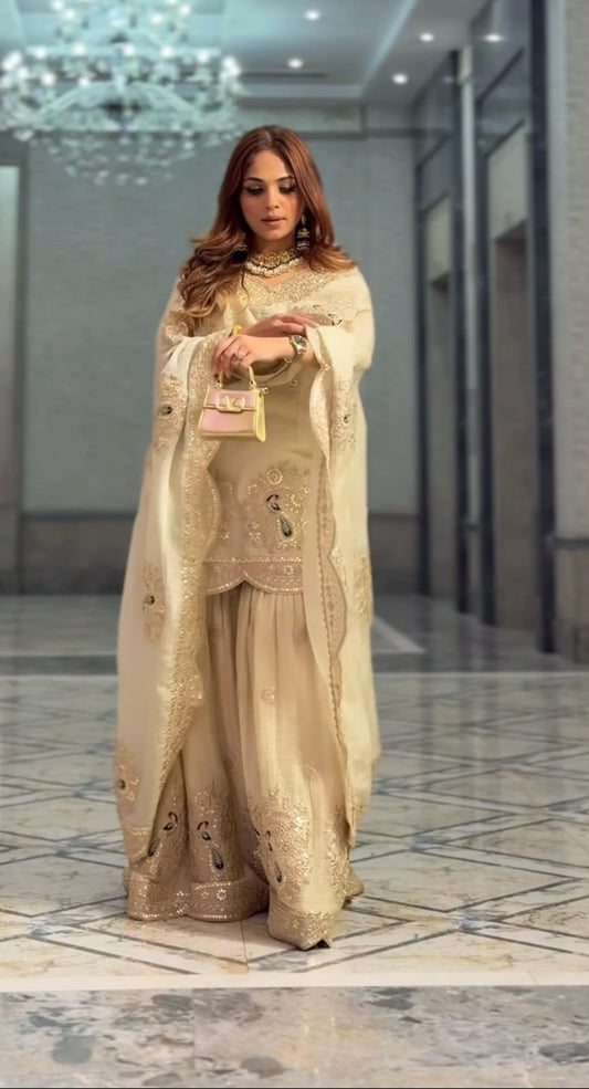 NEW DESIGNER COLLECTION IN PURE CHINNON WITH HEAVY EMBROIDERY CODING DORI-SEQUENCE WORK TOP-BOTTOM AND DUPATTA SET FULLY STITCHED READY TO WEAR WHOLESALE GEELAN FASHION SURAT
