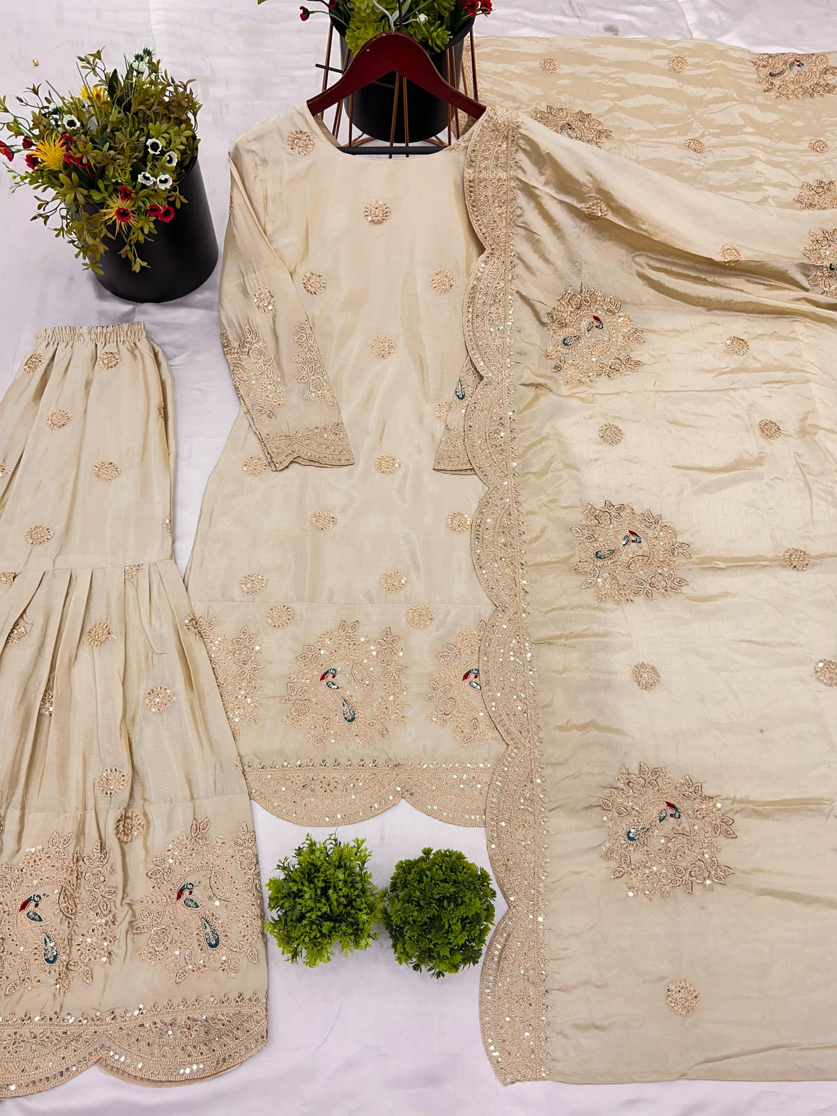NEW DESIGNER COLLECTION IN PURE CHINNON WITH HEAVY EMBROIDERY CODING DORI-SEQUENCE WORK TOP-BOTTOM AND DUPATTA SET FULLY STITCHED READY TO WEAR WHOLESALE GEELAN FASHION SURAT