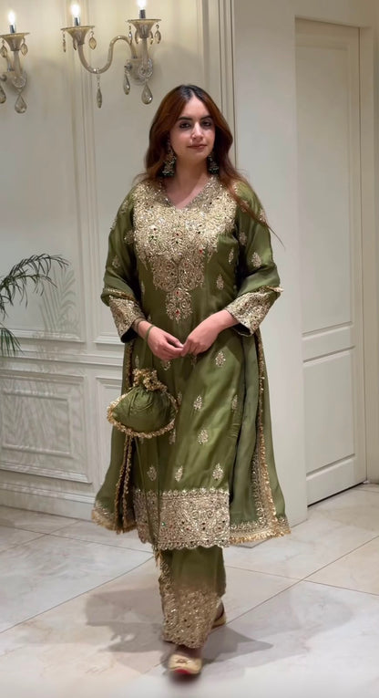 NEW DESIGNER COLLECTION IN ROMAN SIMMER SILK WITH EMBROIDERY WORK TOP-BOTTOM AND DUPATTA SET FULLY STITCHED READY TO WEAR WHOLESALE GEELAN FASHION SURAT