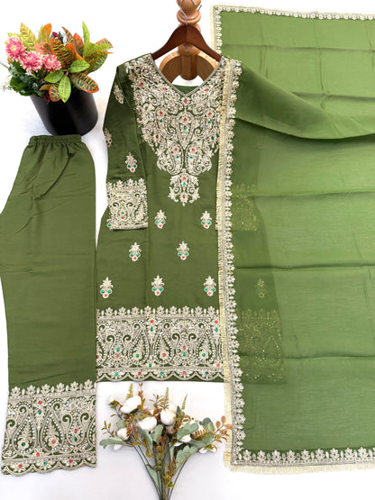 NEW DESIGNER COLLECTION IN ROMAN SIMMER SILK WITH EMBROIDERY WORK TOP-BOTTOM AND DUPATTA SET FULLY STITCHED READY TO WEAR WHOLESALE GEELAN FASHION SURAT