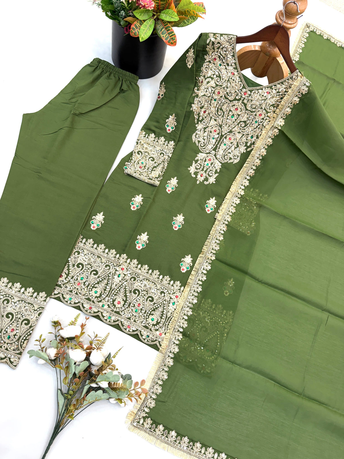NEW DESIGNER COLLECTION IN ROMAN SIMMER SILK WITH EMBROIDERY WORK TOP-BOTTOM AND DUPATTA SET FULLY STITCHED READY TO WEAR WHOLESALE GEELAN FASHION SURAT