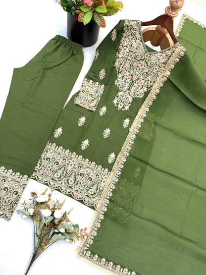 NEW DESIGNER COLLECTION IN ROMAN SIMMER SILK WITH EMBROIDERY WORK TOP-BOTTOM AND DUPATTA SET FULLY STITCHED READY TO WEAR WHOLESALE GEELAN FASHION SURAT