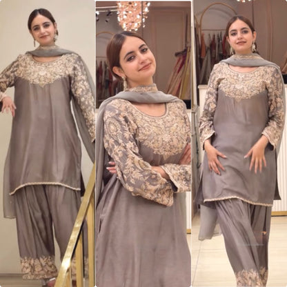 ĐĚSIGNER PARTY WEAR LOOK PUR CHINON SILK TOP & FARSHI PALAZZO WITH DUPATTA SET WHOLESALE GEELAN FASHION SURAT