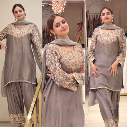 ĐĚSIGNER PARTY WEAR LOOK PUR CHINON SILK TOP & FARSHI PALAZZO WITH DUPATTA SET WHOLESALE GEELAN FASHION SURAT