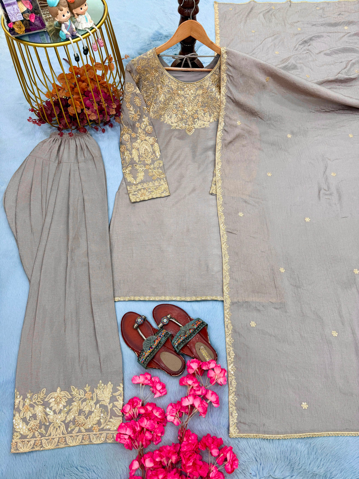 ĐĚSIGNER PARTY WEAR LOOK PUR CHINON SILK TOP & FARSHI PALAZZO WITH DUPATTA SET WHOLESALE GEELAN FASHION SURAT