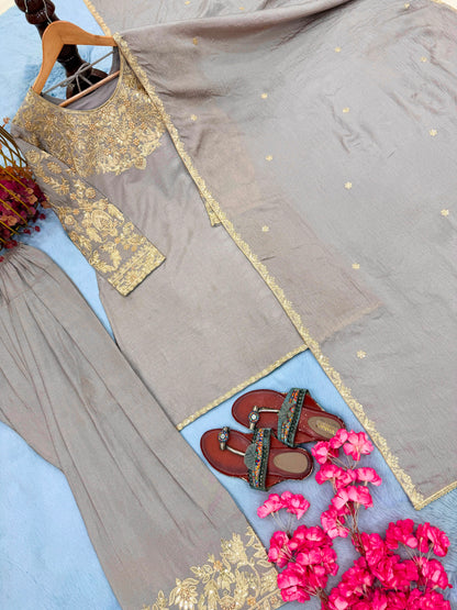 ĐĚSIGNER PARTY WEAR LOOK PUR CHINON SILK TOP & FARSHI PALAZZO WITH DUPATTA SET WHOLESALE GEELAN FASHION SURAT