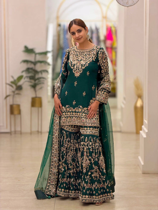 ĐĚSIGNER PARTY WEAR LOOK HEAVY FAUX GEORGETTE TOP PLAZZO & DUPATTA SET WHOLESALE GEELAN FASHION SURAT