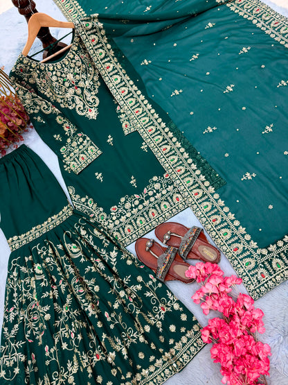 ĐĚSIGNER PARTY WEAR LOOK HEAVY FAUX GEORGETTE TOP PLAZZO & DUPATTA SET WHOLESALE GEELAN FASHION SURAT