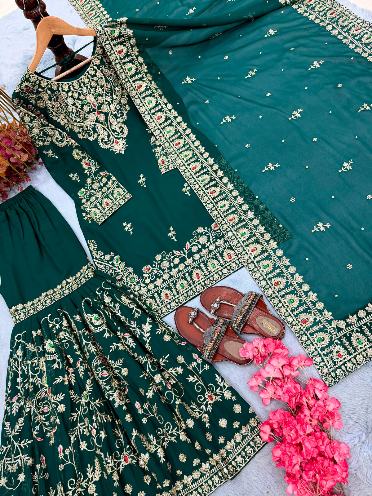 ĐĚSIGNER PARTY WEAR LOOK HEAVY FAUX GEORGETTE TOP PLAZZO & DUPATTA SET WHOLESALE GEELAN FASHION SURAT