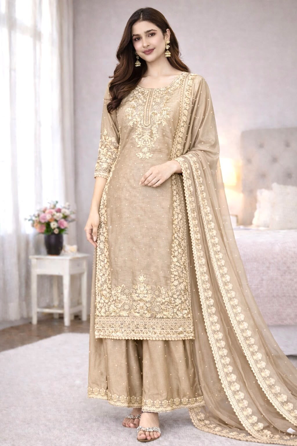 NEW DESIGNER COLLECTION IN GMY SILK WITH HEAVY EMBROIDERY CODING SEQUENCE WORK TOP-BOTTOM AND DUPATTA SET FULLY STITCHED READY TO WEAR WHOLESALE GEELAN FASHION SURAT