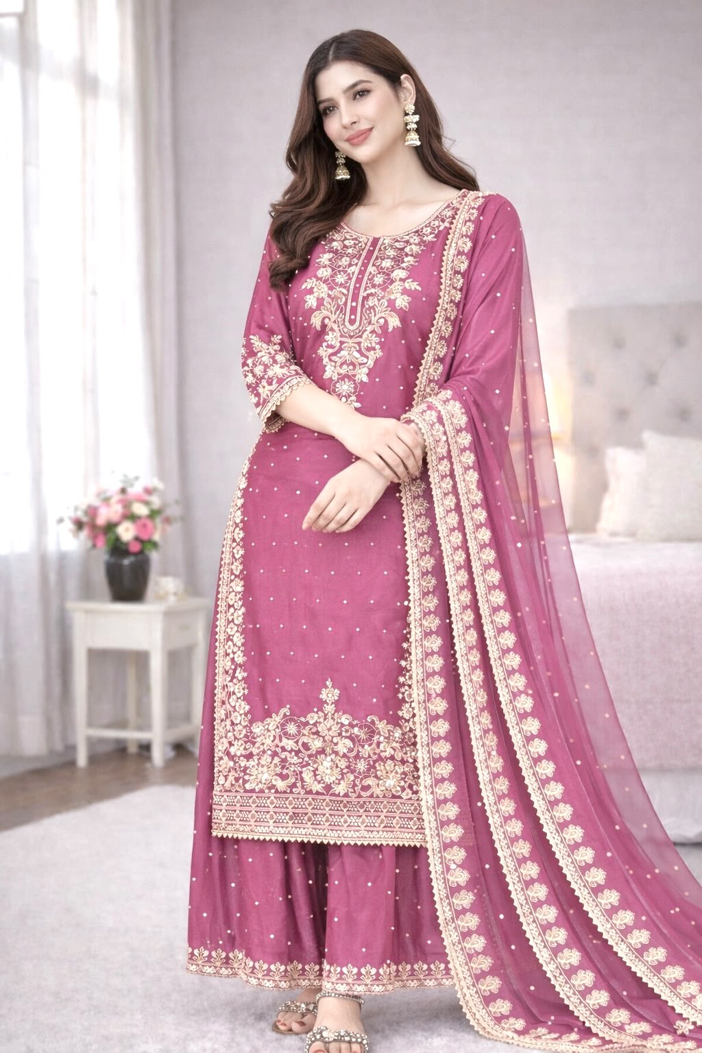 NEW DESIGNER COLLECTION IN GMY SILK WITH HEAVY EMBROIDERY CODING SEQUENCE WORK TOP-BOTTOM AND DUPATTA SET FULLY STITCHED READY TO WEAR WHOLESALE GEELAN FASHION SURAT