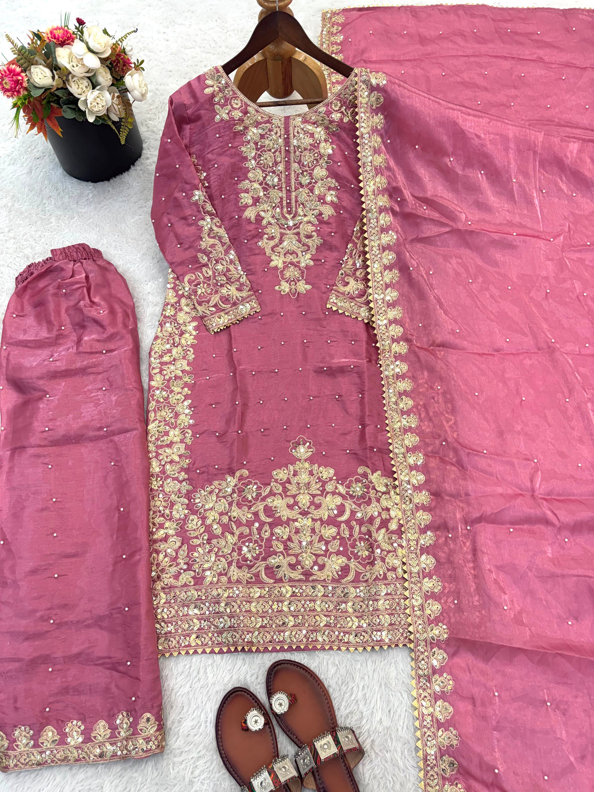 NEW DESIGNER COLLECTION IN GMY SILK WITH HEAVY EMBROIDERY CODING SEQUENCE WORK TOP-BOTTOM AND DUPATTA SET FULLY STITCHED READY TO WEAR WHOLESALE GEELAN FASHION SURAT