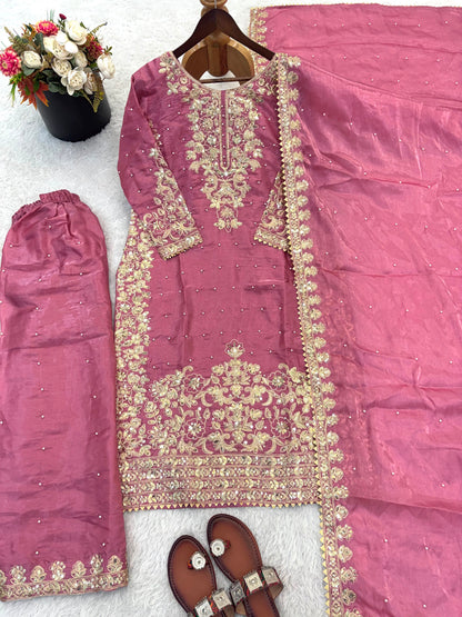 NEW DESIGNER COLLECTION IN GMY SILK WITH HEAVY EMBROIDERY CODING SEQUENCE WORK TOP-BOTTOM AND DUPATTA SET FULLY STITCHED READY TO WEAR WHOLESALE GEELAN FASHION SURAT