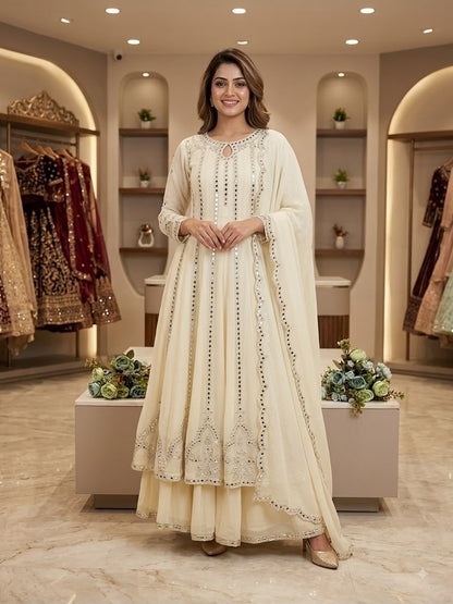 THIS FESTIVAL SEASON WEAR OUR BEAUTIFUL GOWN ,LAHENGA AND DUPATTA WITH SEQUENCE EMBROIDERY AND REAL MIRROR WORK WHOLESALE GEELAN FASHION SURAT