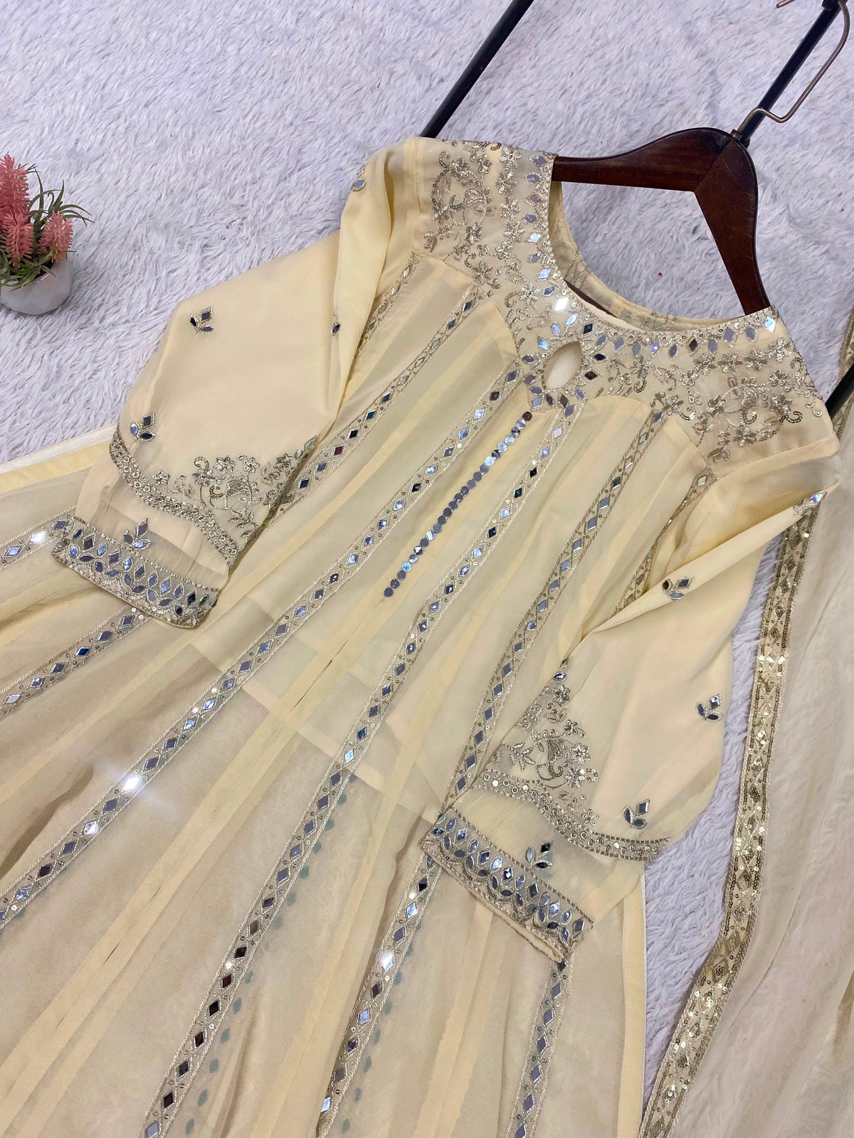 THIS FESTIVAL SEASON WEAR OUR BEAUTIFUL GOWN ,LAHENGA AND DUPATTA WITH SEQUENCE EMBROIDERY AND REAL MIRROR WORK WHOLESALE GEELAN FASHION SURAT