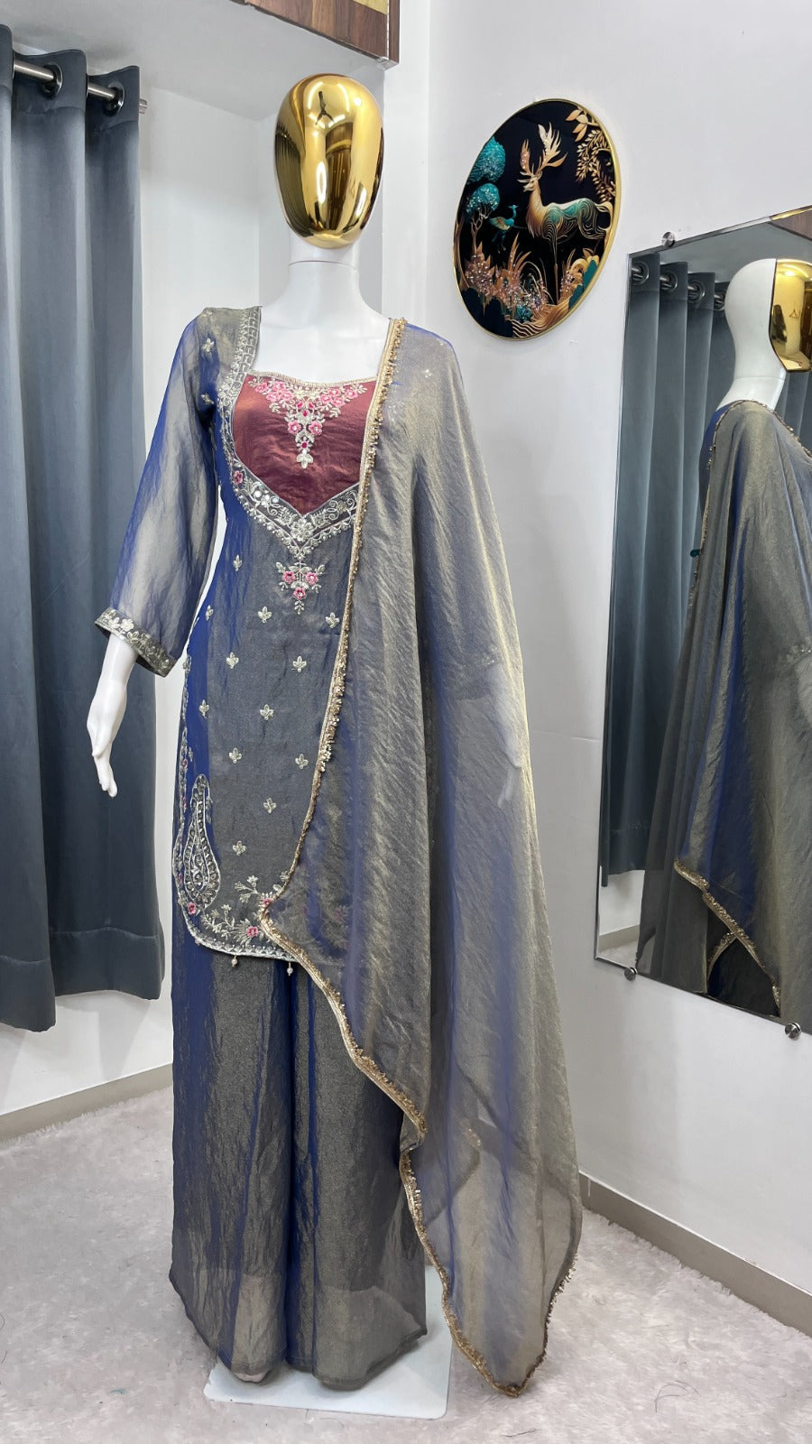 FESTIVAL SPECIAL SEQUENCE EMBROIDERY ON SILK FABRIC TOP AND PLAZZO WITH DUPATTA SET WHOLESALE GEELAN FASHION SURAT