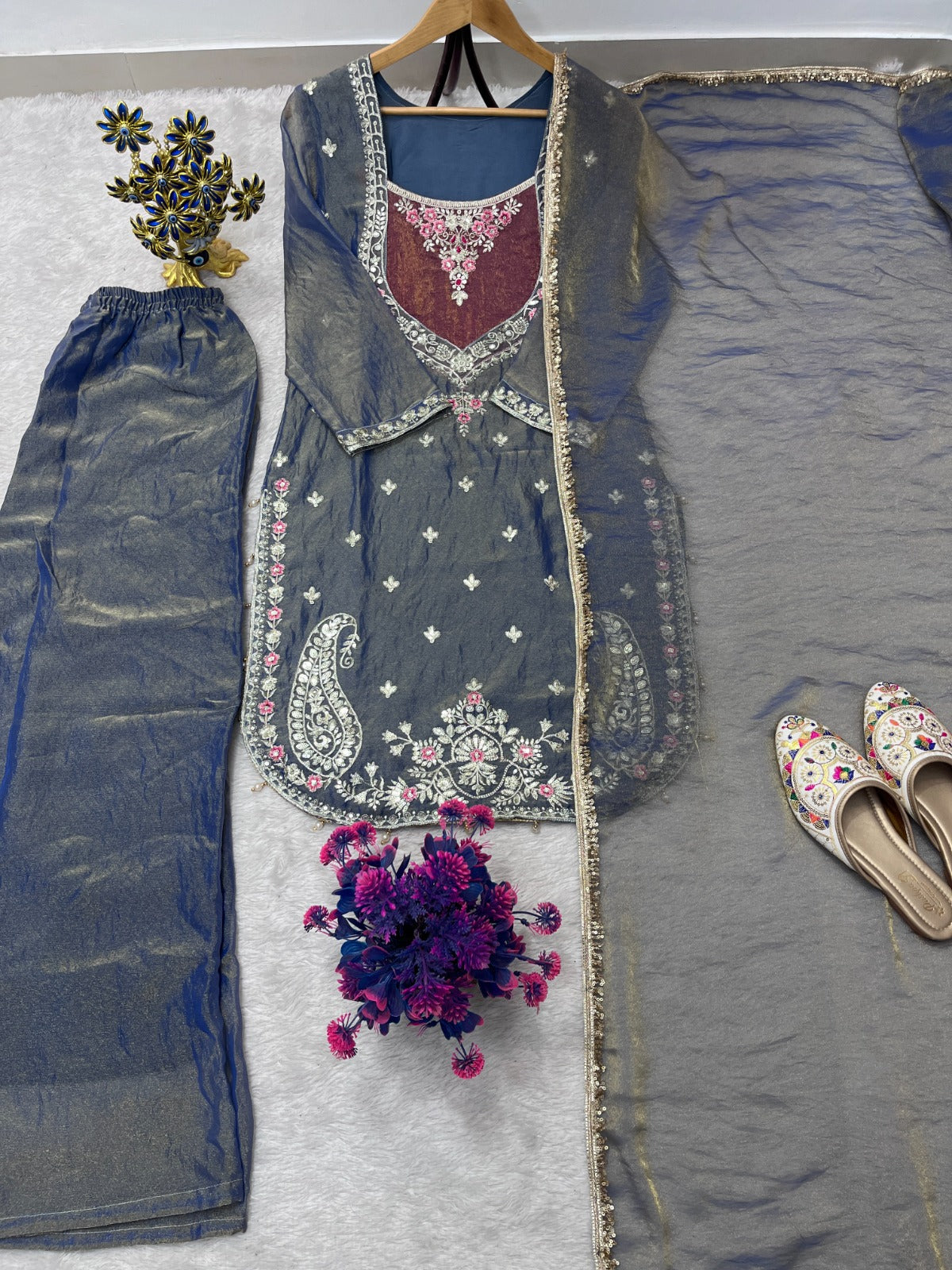 FESTIVAL SPECIAL SEQUENCE EMBROIDERY ON SILK FABRIC TOP AND PLAZZO WITH DUPATTA SET WHOLESALE GEELAN FASHION SURAT