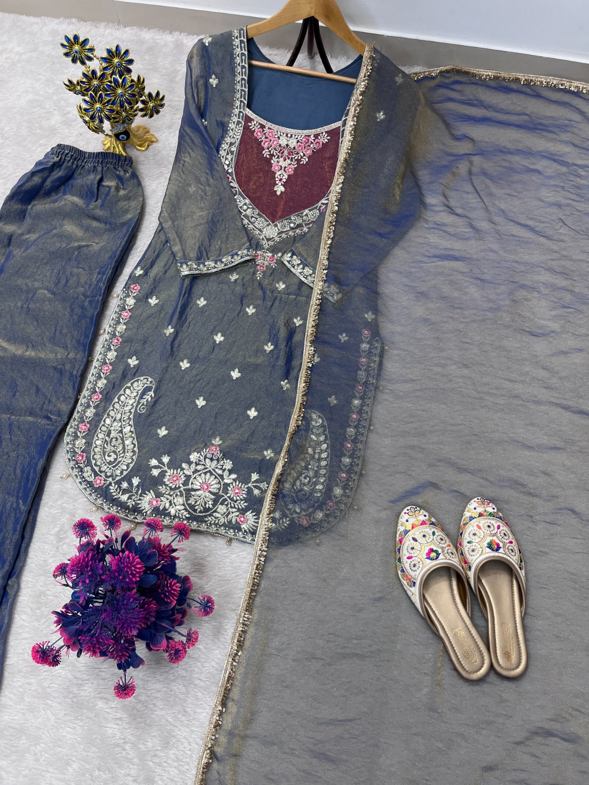 FESTIVAL SPECIAL SEQUENCE EMBROIDERY ON SILK FABRIC TOP AND PLAZZO WITH DUPATTA SET WHOLESALE GEELAN FASHION SURAT