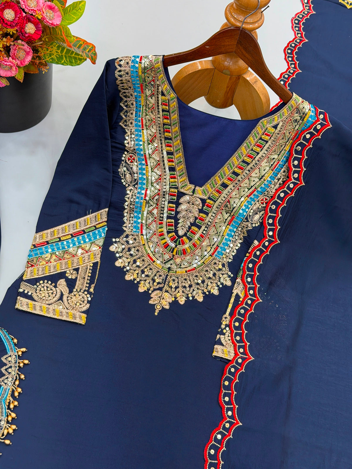 RAKHI SPECIAL PURE HEAVY ROMAN SILK TOP BOTTOM DUPATTA SET WITH WHOLESALE GEELAN FASHION SURAT