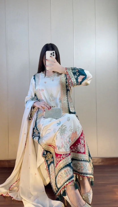THIS FESTIVAL SEASON WEAR OUR BEAUTIFUL KAFTAAN WITH PANT AND DUPATTA WITH SEQUENCE EMBROIDERED AND APPLIQUE WORKED WHOLESALE GEELAN FASHION SURAT