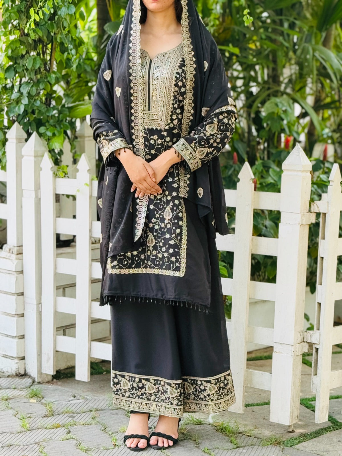 DESIGNER WEAR SEQUENCE EMBROIDERY ON STAR FOX GEORGETTE FABRIC TOP AND PLAZZO WITH DUPATTA WHOLESALE GEELAN FASHION SURAT